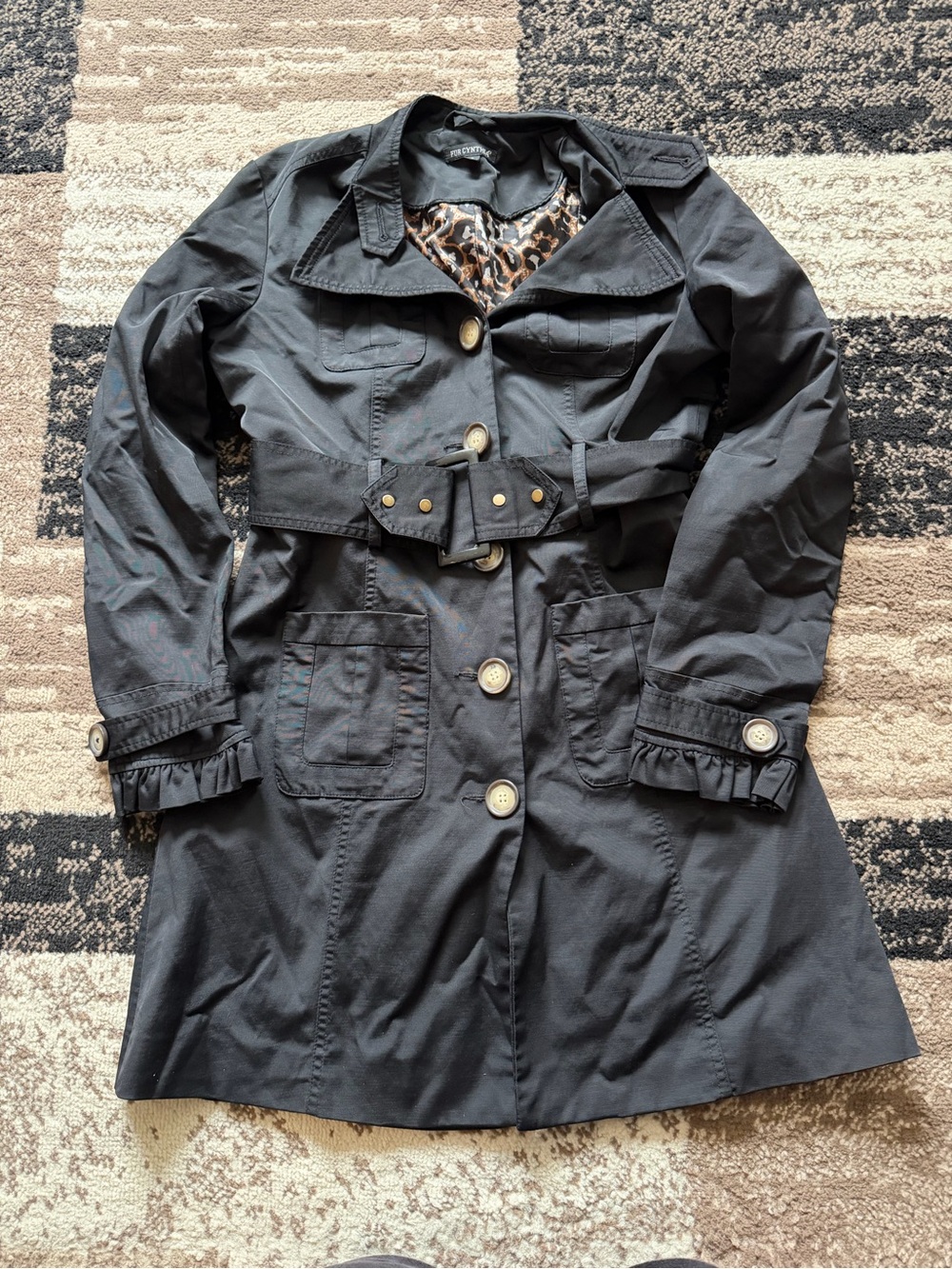 Women’s Black Trench Coat with Leopard lining